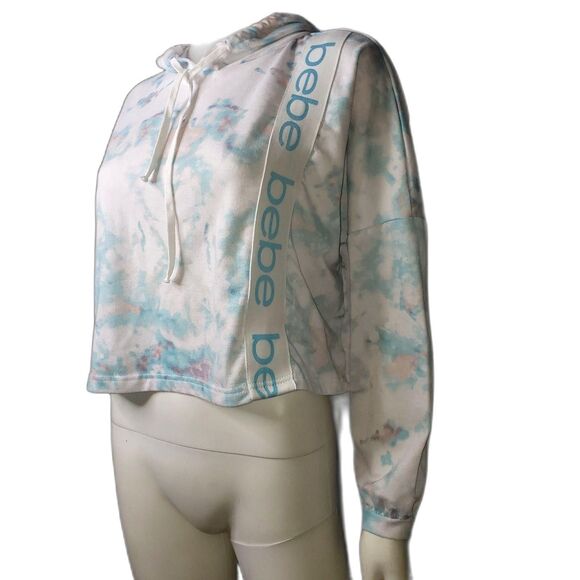 Bebe Hoodie Womens Medium Blue Pink Tie Dye Cropped Pullover Sweatshirt Logo - Picture 3 of 7